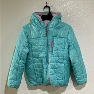 Eddie Bauer Girls Reversible Teal Hooded Puffer Jacket with Lilac Trim